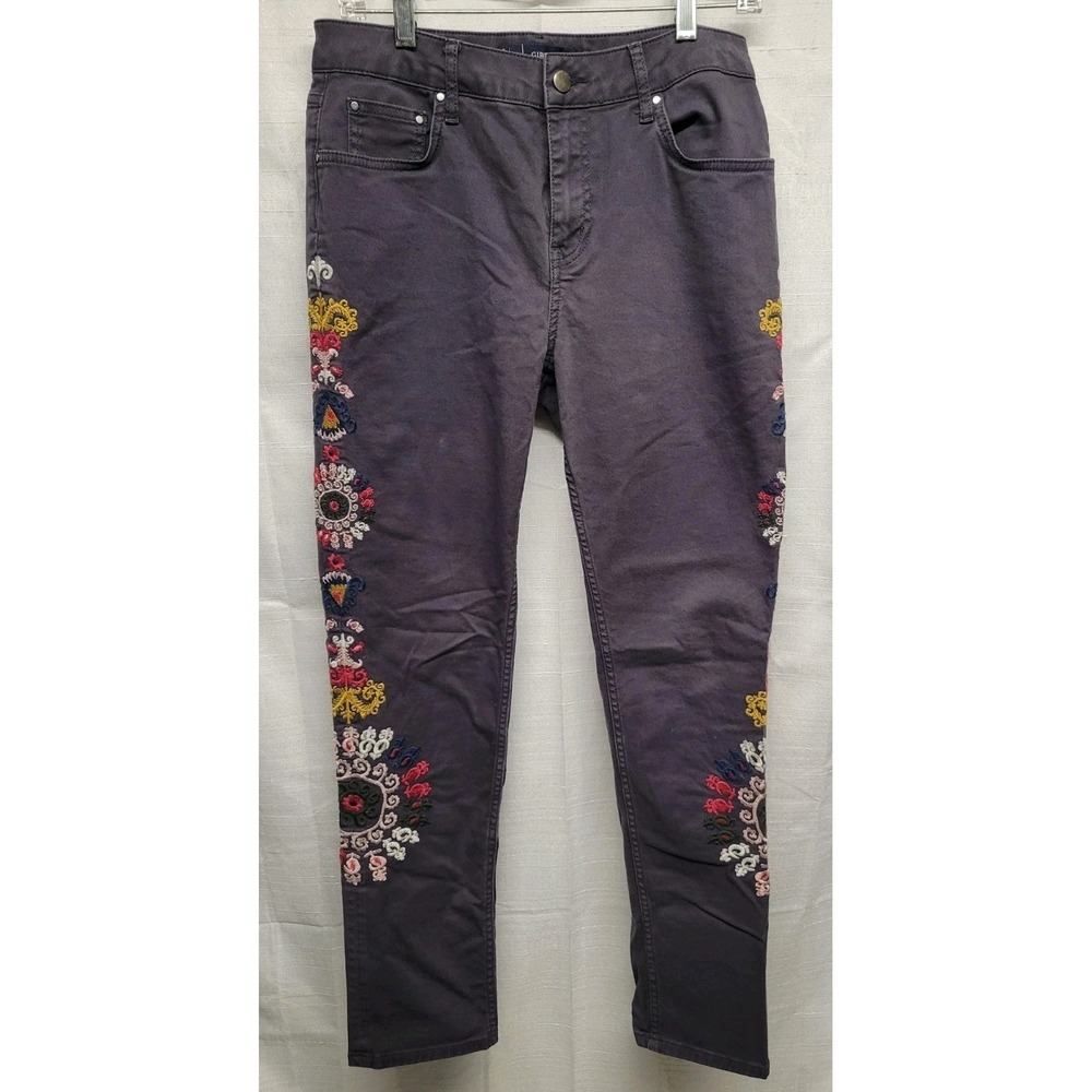 Boden Girlfriend Womens 8 Boho Embroidered Folk Floral Colorful Gray Jeans